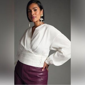 NWT Anthropologie Wrap-Front Blouse Shirt 1X White 100% Cotton Long Sleeve